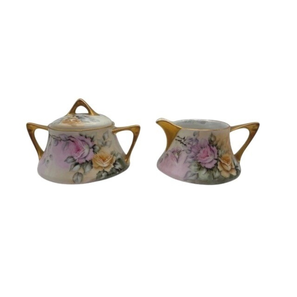 Vintage Hand Painted Porcelain Creamer Sugar Bowl Set Floral Gold Trim Cottage